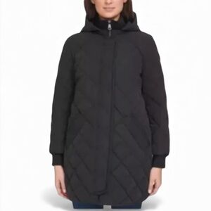 DKNY Women's Black Long Puffer Winter Jacket Coat with Detachable Hood